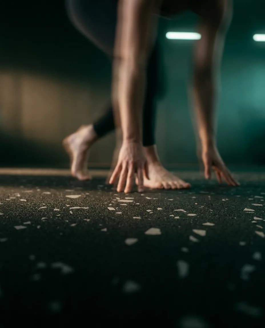 Des mains et des pieds nus sur un sol en caoutchouc noir moucheté de gris clair, dans une lumière douce.